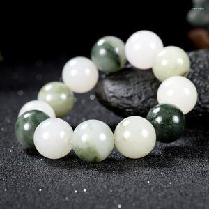 Strand Genuine Natural Jade Bracelet Men 18mm Jades Stone Beads Elástico Frisado Grandes Pulseiras Bangles Para Acessórios Masculinos Jóias
