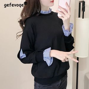 Kvinnors hoodies tröjor Spring Autumn Striped Patchwork Fake Two Piece Pullover Top Female Loose Louge Sleeve Korean Style Women 230802