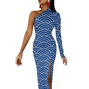 Casual Dresses Blue Seigaiha Print Bodycon Dress Women Japanese Waves Club Maxi Long Sleeve Party Design Birthday Present