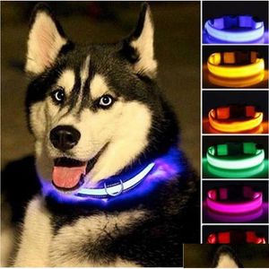 Coleiras para cães Trelas de nylon Led Coleira para animais de estimação Segurança noturna Brilhando no escuro Coleira para cães Suprimentos fluorescentes luminosos Drop Delive Dhcuo