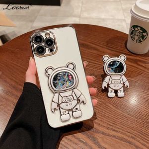 Capas de telefone celular Cute Quicksand Glitter Bear Astronaut Case para iPhone 14 Pro Max 13 12 11 X Xr Xs 8 7 6 6s Plus SE Plating Bracket Stand Cover L230731