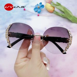Óculos de sol UVLAIK Grande Armação Diamante Para Mulheres Óculos de Sol Sem Armação Feminino Roxo Azul Cor Pó Óculos UV400