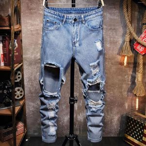 Jeans masculino slim fit alfaiataria designer rasgado calça punk de alta qualidade arruinada moda hip hop