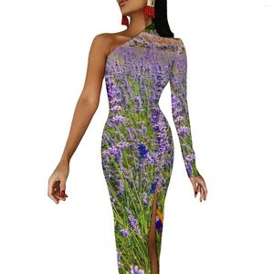 Casual Dresses Purple Lavender Maxi Dress One Shoulder Field Nature Plant Street Style Bodycon Modern Design Clothing