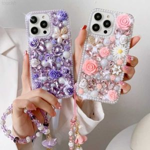 Casos de telefone celular 3D Floral Daisy Pearl Bling Rose Diamond Strap Phone Case Para Samsung S23 S22 S21 S20 FE Ultra Plus + Nota 10 20 Pro A 52 72 53 L230731