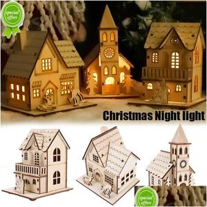 Decorações de jardim Led Xmas Night Light Feliz Natal enfeites de cabine de madeira Diy Home Decoração de mesa Lâmpada Ano Presentes Crianças Brinquedos D Dh105