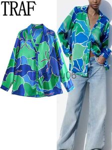 Women's Blouses Shirts TRAF 2023 Print Satin Shirt Woman Blue Button Up Shirt Women Vintage Long Sleeve Shirts And Blouses Women Casual Loose Blouses J230802