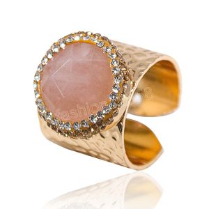 Micro Inlay Full Rhinestone Rose Quartz Stone Ring Gold Plated Bridal Wedding Resizable Open Finger Jewelry for Women