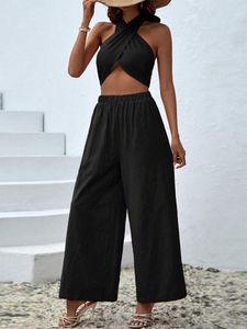 Kvinnors spårsättningar Solid Halter Backless Short Top Two Piece Set ärmlös Back Lace Up Wide Leg Pant Luits Women Chic Casual High Street