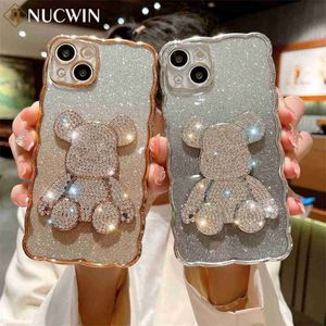 Mobiltelefonfodral Crystal Diamond Bear Glitter Case för iPhone 11 12 13 14 Pro Max XR X XS Max 7 8 14 Plus Wave Mönster Glänsande plätering Mjuk täckning L230731