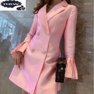 Jaquetas femininas primavera femininas de cetim rosa com dois seios casaco casaco fino elegante escritório moda feminina manga flare manga vintage agasalhos