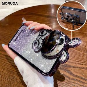 Casos de telefone celular Luxo Gradiente Glitter Rabbit Bracket Case para iPhone 14 Pro Max 13 14 Plus 12 Lente Dobre Stand Holder Chapeamento Clear Soft Cover L230731