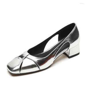 Dress Shoes Retro Split Leather Pumps Ladies Block Heels Spring Autumn For Women 2023 Female Silver Brown Hollow-out