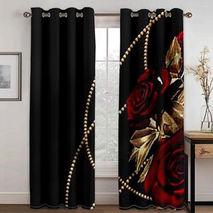 Curtain Black Two Drape Modern Romantic Red Rose Flower 2 Pieces Thin Window Curtains For Living Room Bedroom Decor