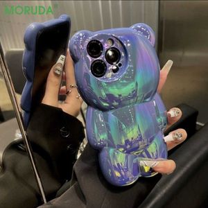 Cell Phone Cases Cute 3D Bear Laser Glitter Phone Case for iPhone 14 ProMax Plus 11 12 13 Pro Max Color Plating Gradient Shockproof Cartoon Cover L230731