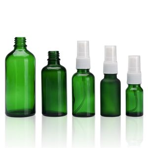 Garrafas de atomizador de perfume de vidro verde PET Bomba de spray de pressão branca Tampa transparente Garrafa recarregável Recipientes de embalagens de cosméticos 10ml 15ml 20ml 30ml 50ml 60ml 100ml