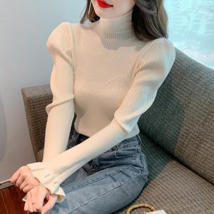 Kvinnors tröjor tredimensionellt temperament Turtleneck Vinterkoreansk version blossade bekväm långärmad stickad mode Fast färg