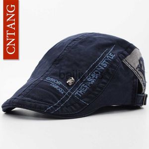 Chapéus Stingy Brim CNTANG Casual Letra Bordado Boina Algodão Viseira Boné Para Homens Marca Moda Chapéu Retro Flat Caps Botão Boinas Ajustáveis J230802