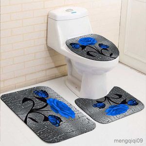 カーペットブルーミングフラワーバラバタフライシャワーカーテンセット防水バスルームトイレトイレシートカバーバスノンリップマットラグカーペットバス装飾R230802