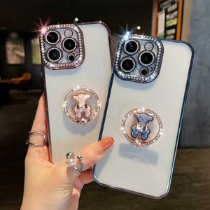 携帯電話のケース漫画ベアリングスタンド電話ケースiPhone 14 13 12 11 Pro Max XS XR 14PLUS LUXURY DIAMOND GLITTER LENS ALL INCONUSICAL COVER L230731