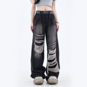 Kvinnors jeans y2k vintage svart hål kvinnor bf sommarblå hög midja hiphop löst breda ben byxor koreanska solid rak denim 230801