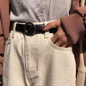 Belts Korean Silver Round Buckle Female Leisure Pants Wild Belt No Pin Metal Leather Black Strap Women