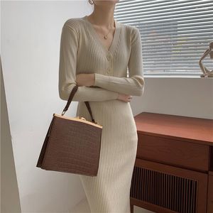 Casual Dresses V Neck Elegant Knitted Woman Jumper Korean Solid 2023 Thick Sweater Dress Women Winter Pollover Warm Robe