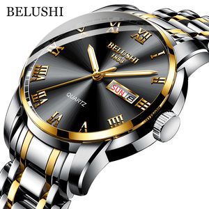 Relógios de pulso BELUSHI Top Brand Watch Men Aço Inoxidável Business Date Clock À Prova D' Água Relógios Luminosos Mens Luxury Sport Quartz Wrist 230802