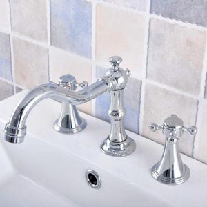 Rubinetti per lavabo da bagno Ottone cromato lucido Montato sul ponte Doppi manici Diffuso Miscelatore per lavabo a 3 fori Rubinetti per acqua Mnf541