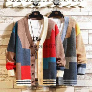Suéteres Masculinos O novo suéter colorido masculino cardigã unindo malhas com decote em V jaqueta de tamanho grande J230802