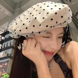 Berets Bow Streamer For Women Spring And Summer Travel Thin Polka Dot Mesh Big Head Showing Face Small Bud Painter Hats