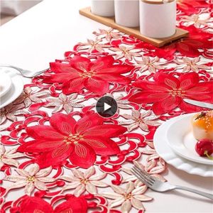 Table Cloth Double Thickness Red Rustic Cutwork Embroidered Floral Runners Christmas Decorations High Quality For Home Dining