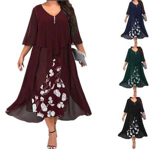 Autumn And Winter Large Size Womens Chiffon Stitching Fake Two Piece Irregular Mid Sleeve Dress