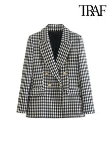 Ternos femininos Blazers TRAF Moda feminina Casaco Houndstooth Blazer vintage Manga longa Bolsos com aba Agasalhos femininos Coletes chiques 230801