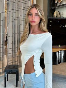 Kvinnors T -skjortor Y2K -knapp Split O Neck Långärmad skjorta 2023 Kvinnor Summer Autumn Casual Mager Crop Top Daily Matching Fashion Tees