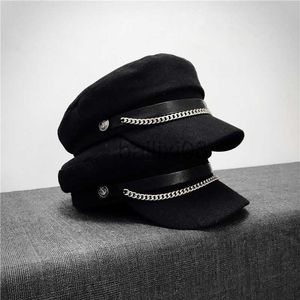Stingy Brim Hats Utumn Winter Chain Blk Military Berets For Women Female Flat Army Cap Salior Hat Girl Travel Berets Ladies Painters Cap J230802