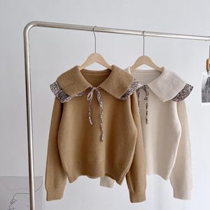 Women's Sweaters 2023 Autumn Girl Floral Doll Collar Soft Waxy Sweater Knitwear Top Fashion