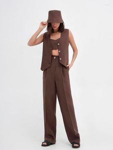 Kvinnors tvåbitar byxor 2023 Summer Business Suit Vintage Brown Set Women Elegant Office Ladies Sleeveless Vest Wide Leg