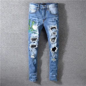 Классический дизайнер с печатной вышивкой Mens Jeans Motorcycle Hole Luxury Denim Men's Fashion Street Wear Men Designer Pants CXG2308096