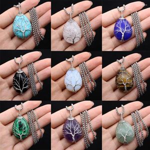 Pendanthalsband charms Tree of Life Crystals Halsband Vatten Drop Natural Stone Wire Wrap Rose Ametysts Quartz Tiger Eye Gift