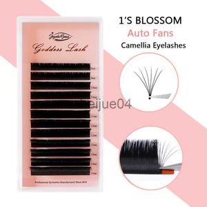 Falska ögonfransar 1: s Blossom Camellia Eyelashes Easy Fan Volume Lashes CD Curl Individiga fransar Black Mink False Eyelashes Fake Cilios 12Rows X0802