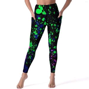 Active Pants Neon Paint Leggings Blue Pink Green Splatters Fitness Gym Yoga Hög midja Casual Sport Stretch Design Leging