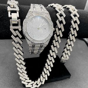 Orologi da polso Luxury Mens Hip Hop Jewelry Iced Out Watch Collana Bracciale Miama Cuban Chain Diamond for Men Gold Set drop 230802