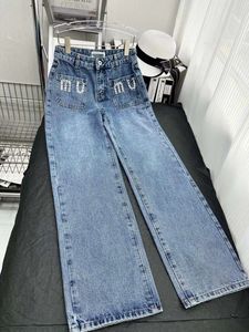 Jeans de grife feminino moda retrô cintura alta strass reta primavera verão ajuste fino calças de perna larga calças jeans calças