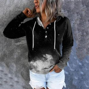 Kvinnors hoodies slipsar färgtryck huvtröja långärmad topp streetwear y2k höstknapp dragkroppsficka avslappnad gradient tröja