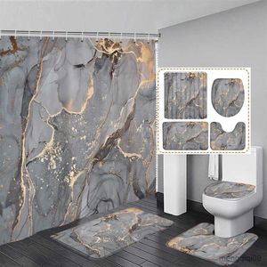 Mattor blå marmor duschdraperi och matta för badrumsuppsättning Abstrakt målad modern badrumsdekor matta icke-halkbadmatta toalettstol R230802