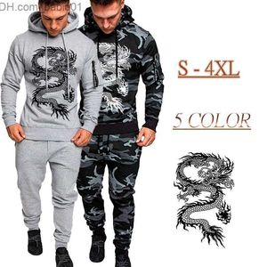 Men's Tracksuits Men Tracksuit 2Piece Set Camouflage Dragon Printing Hoodies and Sweatpants Streetwear Fashion Casual Jogging Male Suit Plus Size T230802