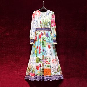 2023 Summer White Floral Print Paneled Dress Long Sleeve V-ringen Long Maxi Casual Dresses A3Q122153