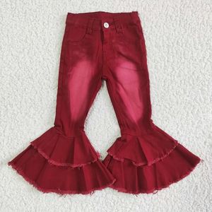 Set di abbigliamento Summer Fashion Girls Pantaloni in denim con doppio pizzo bordeaux Boutique Pantaloni per bambini all'ingrosso per bambini