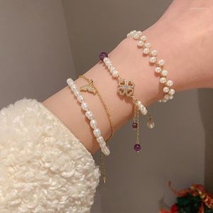 Link Bracelets Freshwater Pearl Bracelet Korean Fashion Sense Fishtail Bee Double-layer Girlfriend Jewelry Party Gift Couple